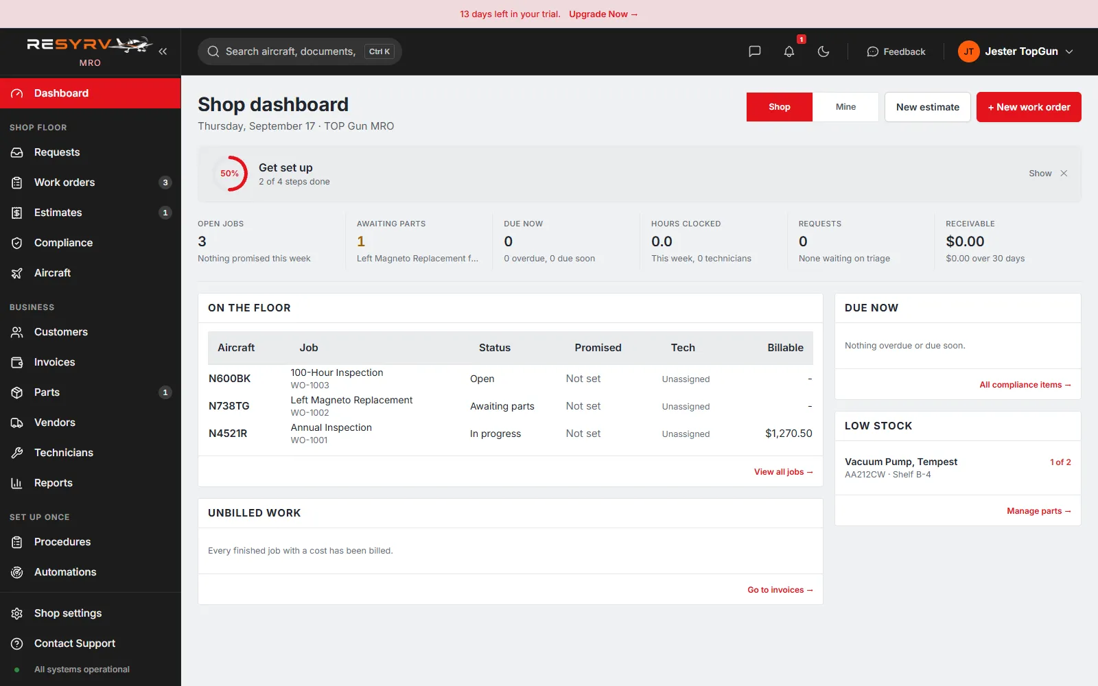 The Resyrv MRO shop dashboard: open jobs, awaiting parts, receivable, the jobs on the floor and low-stock parts